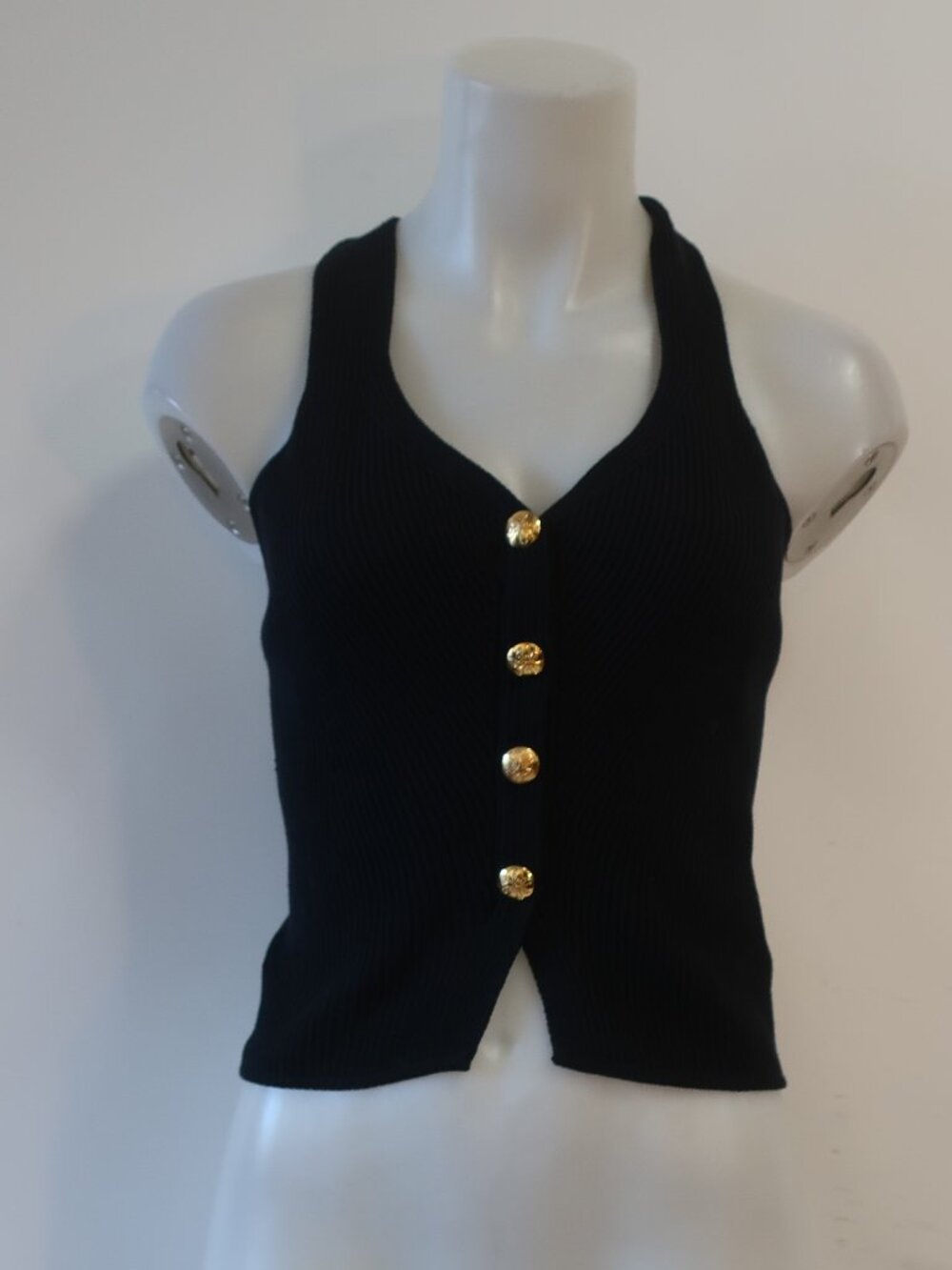Escada Margaretha Ley 100% Wool Black Ribbed Tank Top W/Gold Buttons 36 EU/US S